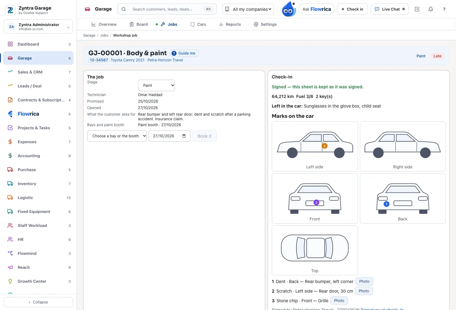 Zyntra Garage, a job: the car, its check-in sheet, the estimate and the customer's approval