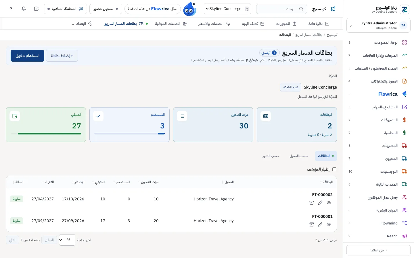 Zyntra Concierge، بطاقات المسار السريع: مرات الدخول والمستخدم والمتبقي وحالة كل بطاقة