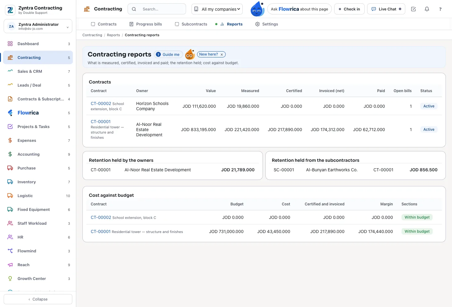 Zyntra Contracting, the reports: billed, certified and paid, retention and margin