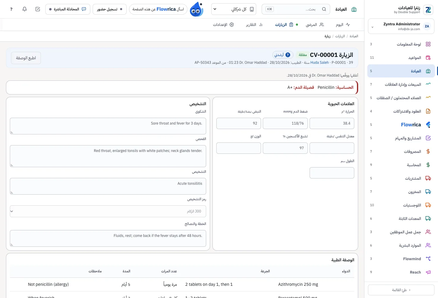 Zyntra Clinic، زيارة: العلامات الحيوية والشكوى والفحص والتشخيص والوصفة الطبية