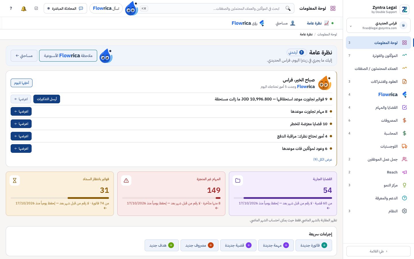Zyntra Legal، لوحة المعلومات: ما يحتاجك اليوم والقضايا قيد العمل والمهام والفواتير غير المدفوعة