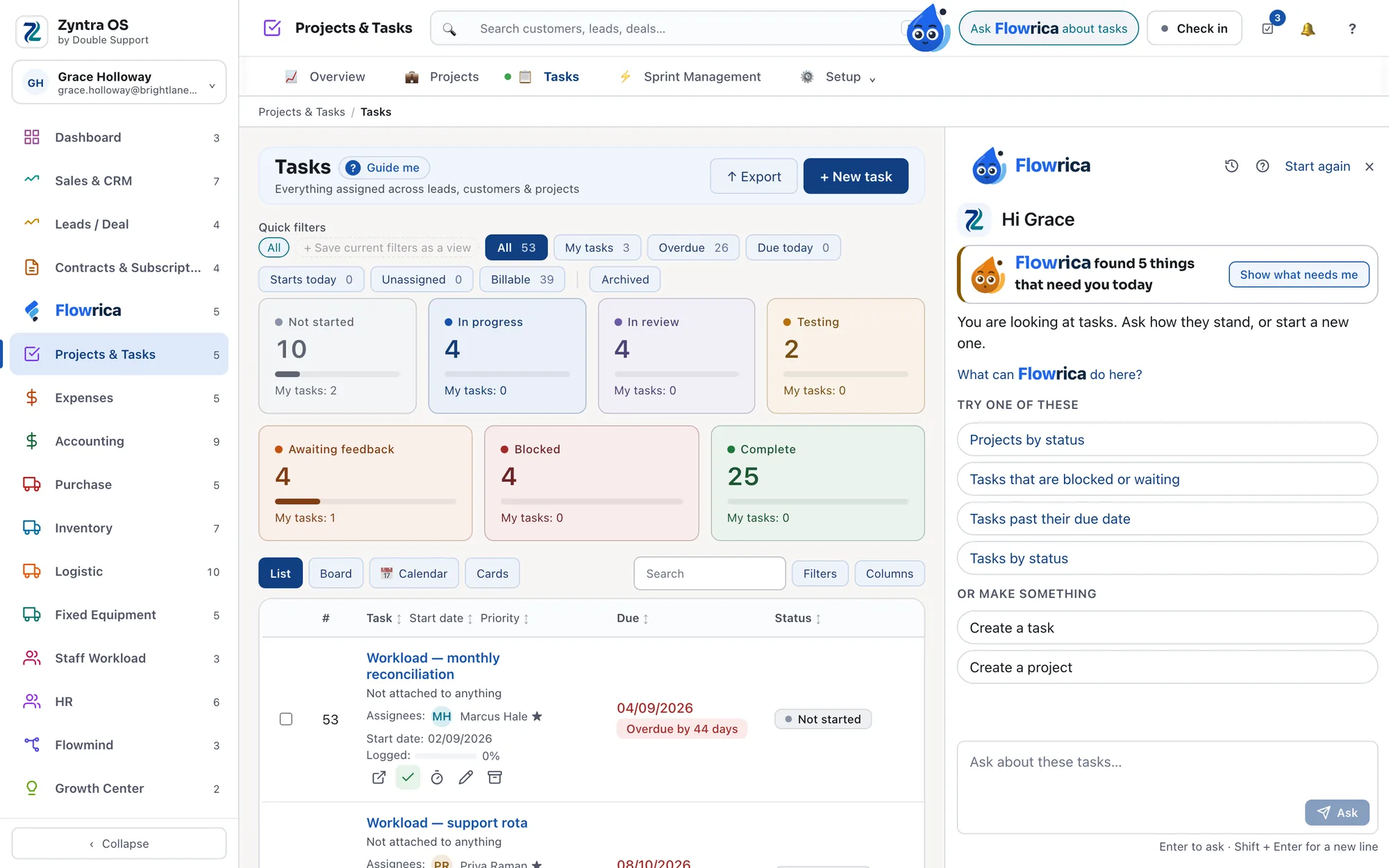 The Flowrica panel open beside a tasks screen, with ready questions to try and things to create