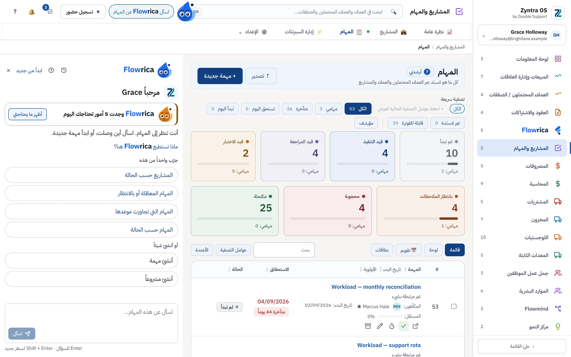 لوحة Flowrica مفتوحة بجانب شاشة المهام، وفيها أسئلة جاهزة للتجربة وأشياء يمكن إنشاؤها