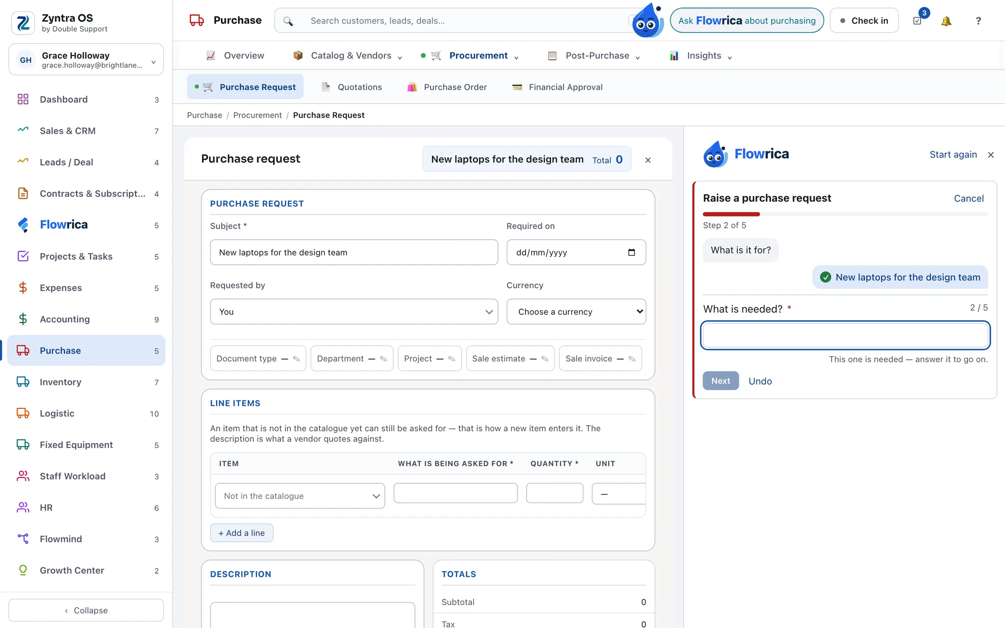 Flowrica raising a purchase request in Purchase, with that section's own form filled as a draft