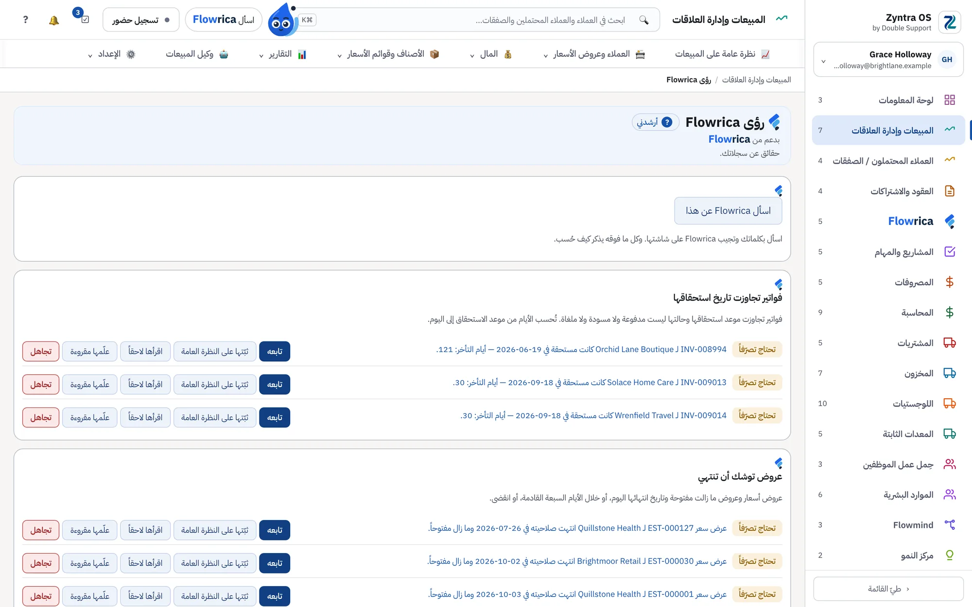 تبويب «رؤى Flowrica» في المبيعات، وفيه فواتير تجاوزت موعد استحقاقها وعروض تنتهي مدّتها، ولكل منها أزرار المتابعة والتثبيت والقراءة لاحقاً والتجاهل