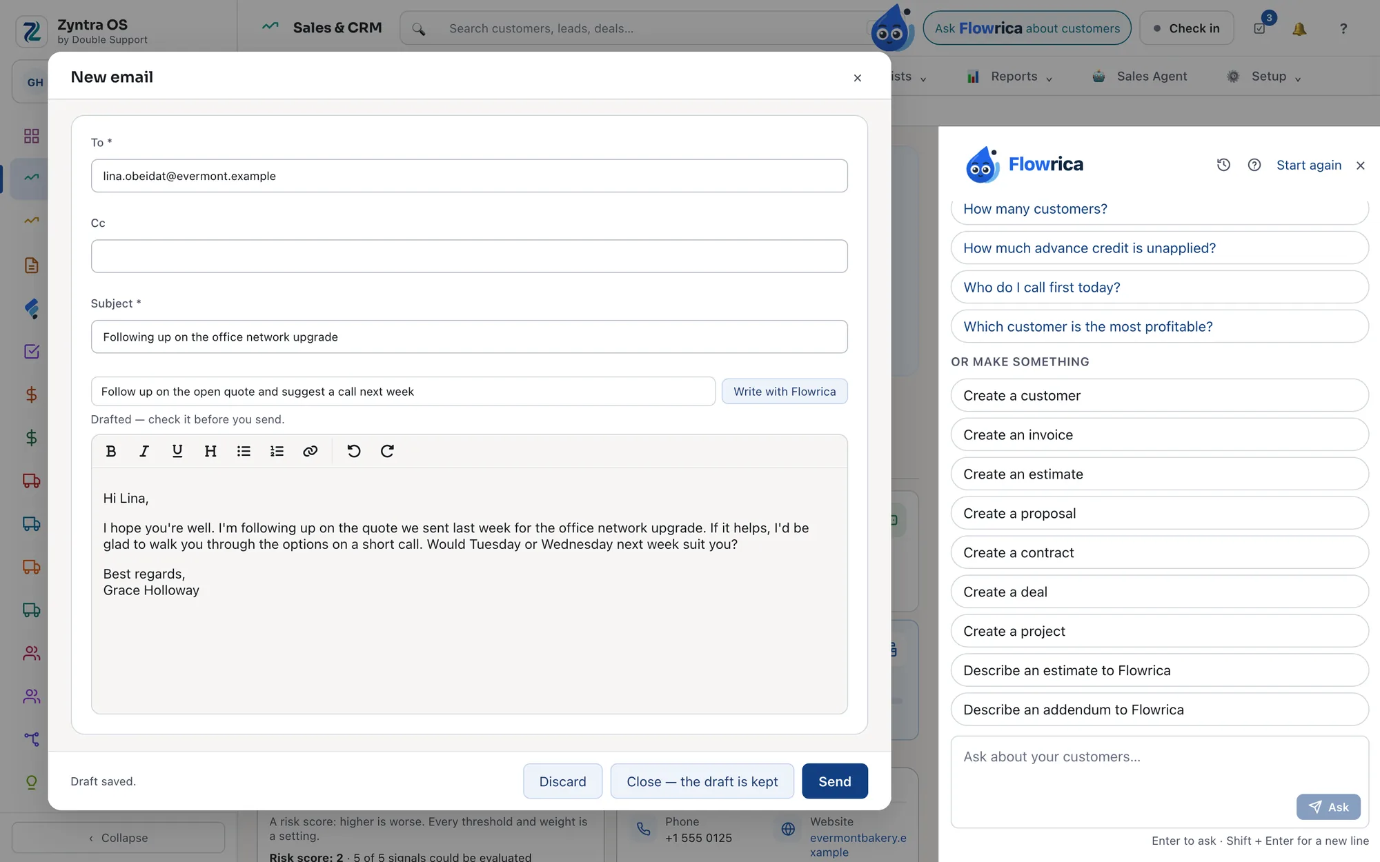 The Write with Flowrica button in an email, with a drafted reply beside the customer's record