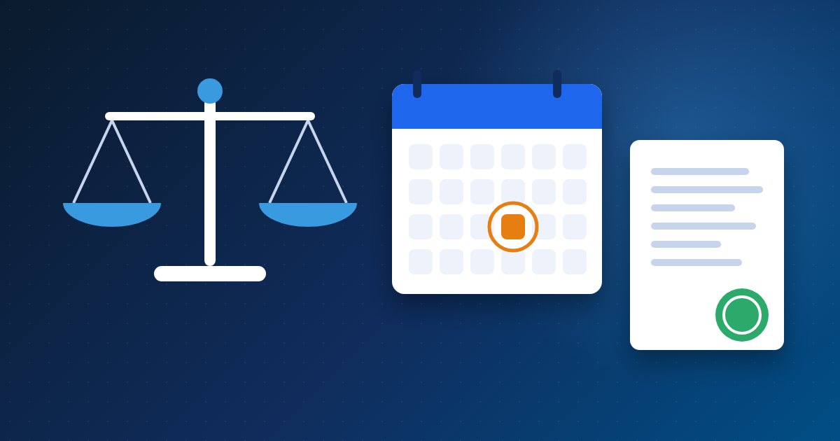 Scales of justice, a calendar with a deadline circled, and a sealed power of attorney