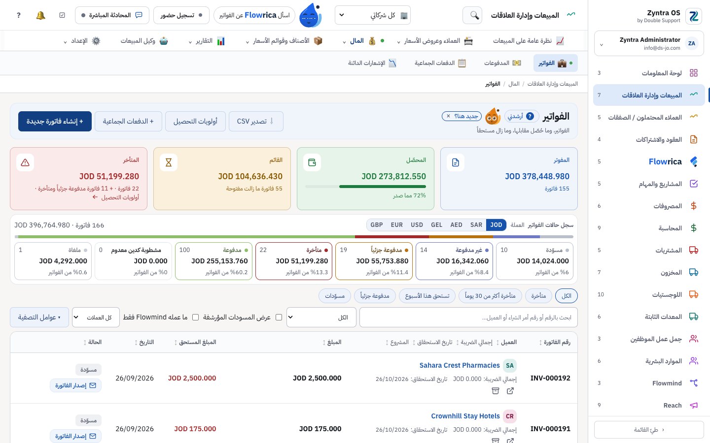 Zyntra OS، قائمة الفواتير لشركة تجريبية