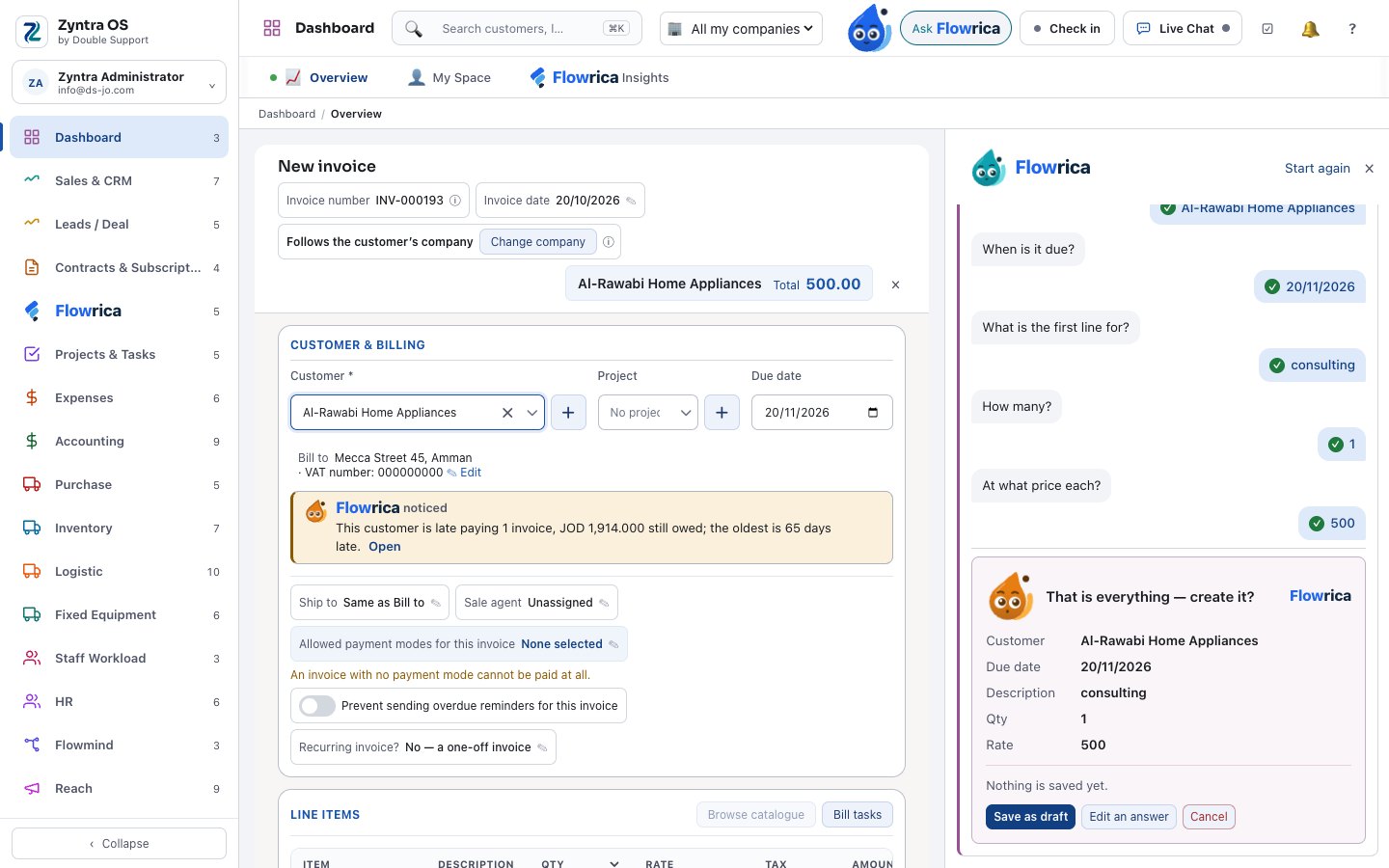 Flowrica filling an invoice form from one sentence, ready for Create