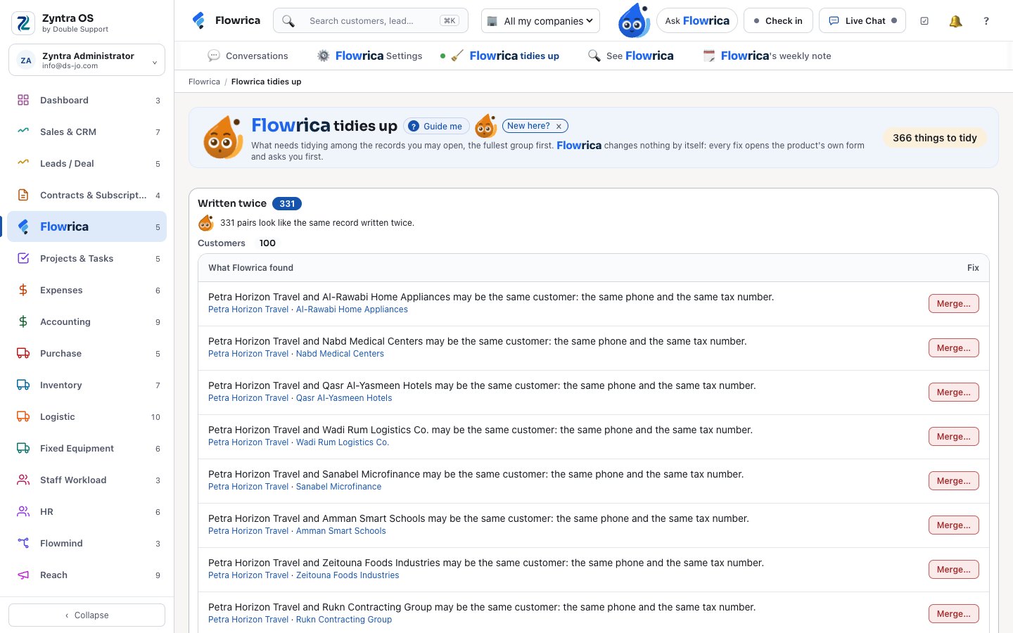 Flowrica tidies up: records that may be the same customer