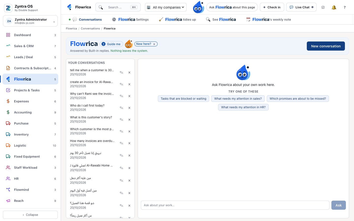 Flowrica’s conversations, answered by the built-in replies — nothing leaves the system