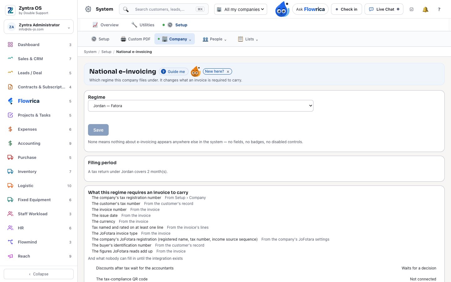 Zyntra OS, the national e-invoicing settings of a sample company