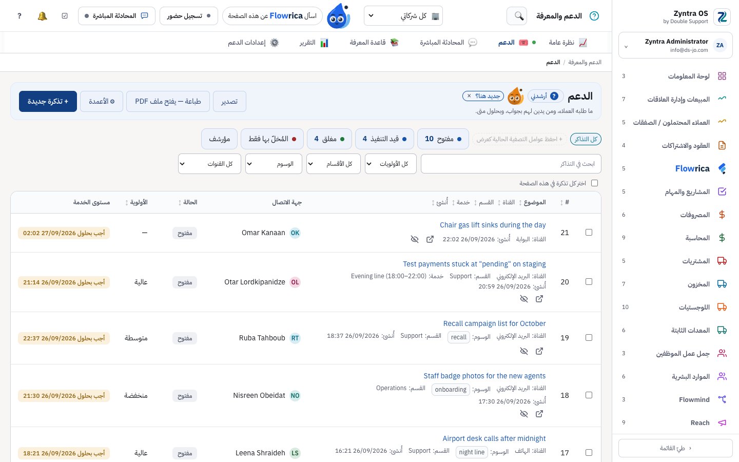 Zyntra OS، تذاكر الدعم لشركة تجريبية