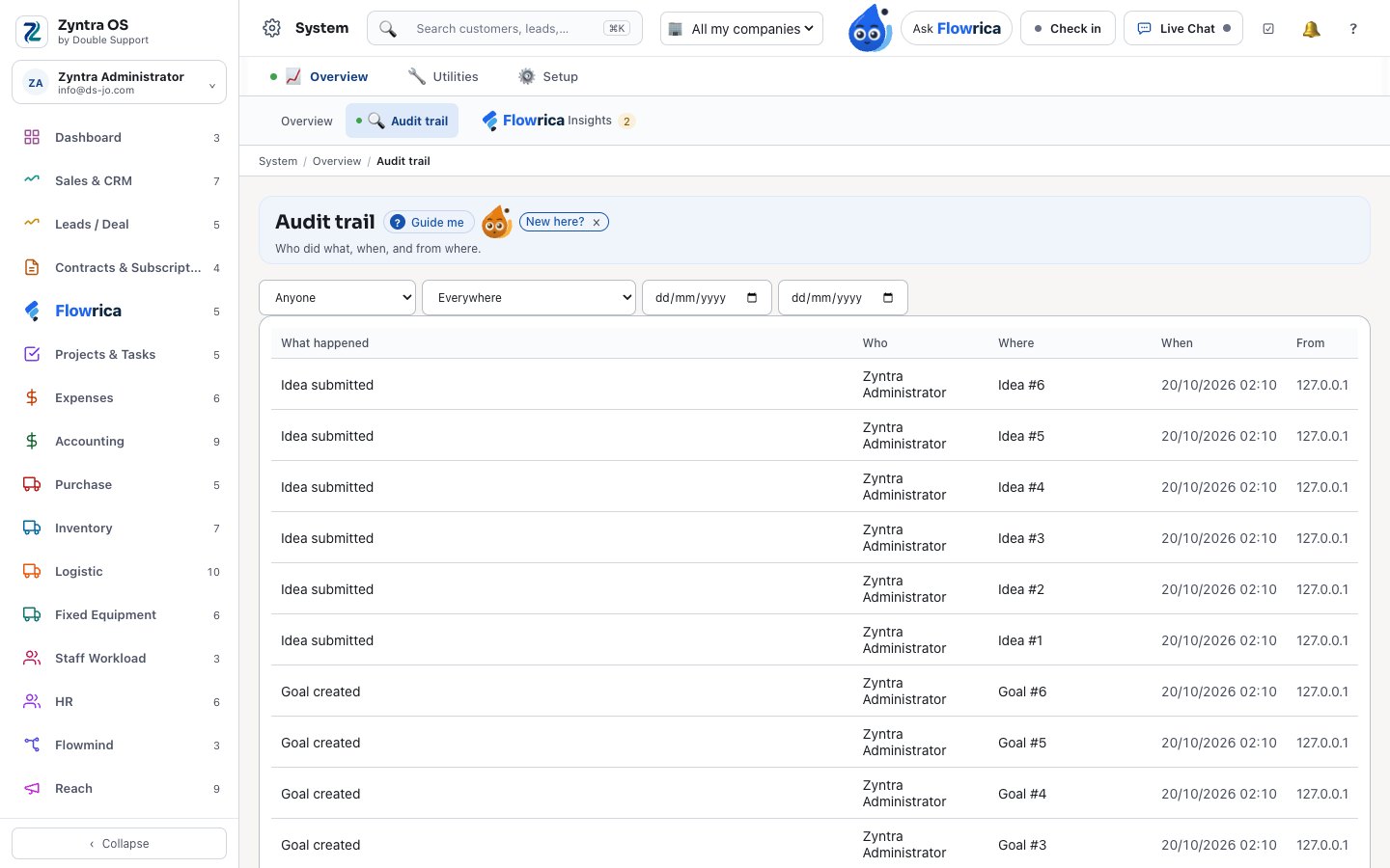 Zyntra OS, the audit trail of a sample company