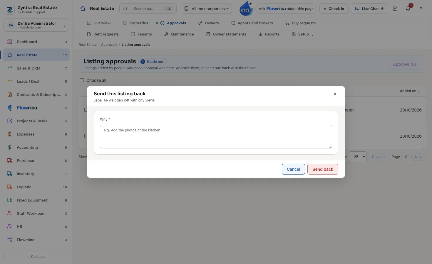 Zyntra Real Estate, sending a listing back with the reason