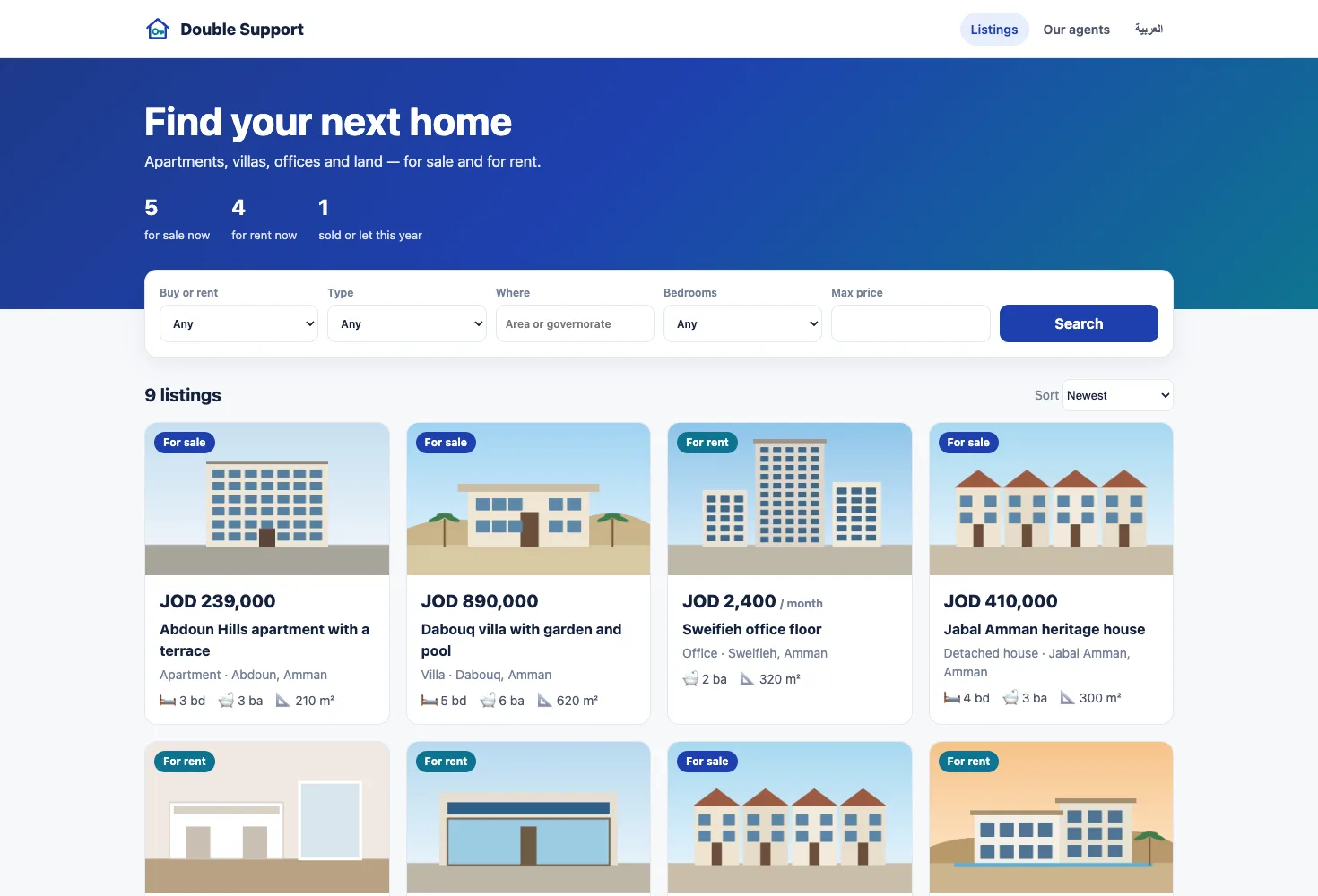 Zyntra Real Estate, the agency's own listings website: the search and the properties for sale and for rent