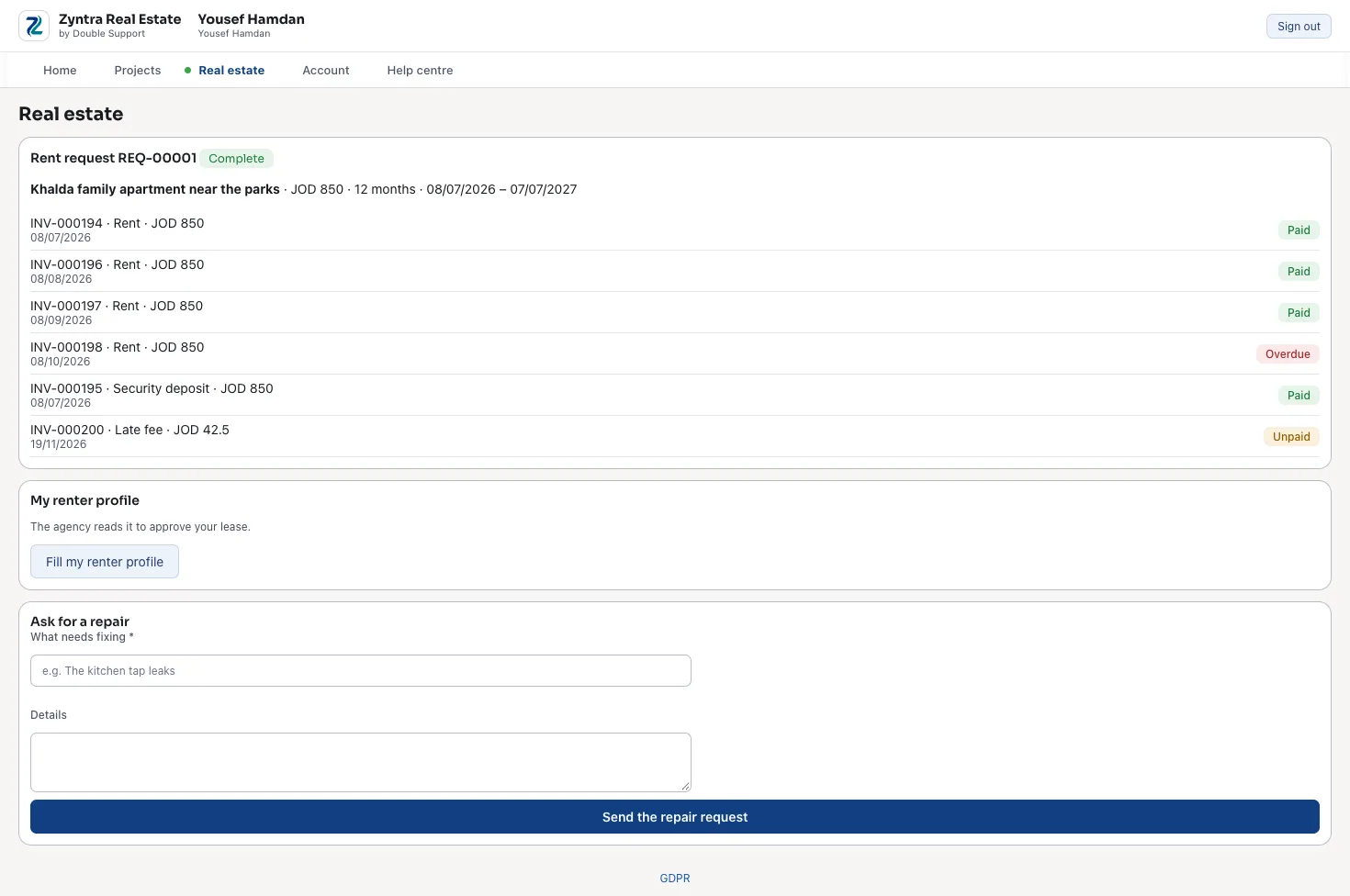 Zyntra Real Estate, a tenant in the client portal: the lease, its invoices, the renter profile and a repair request