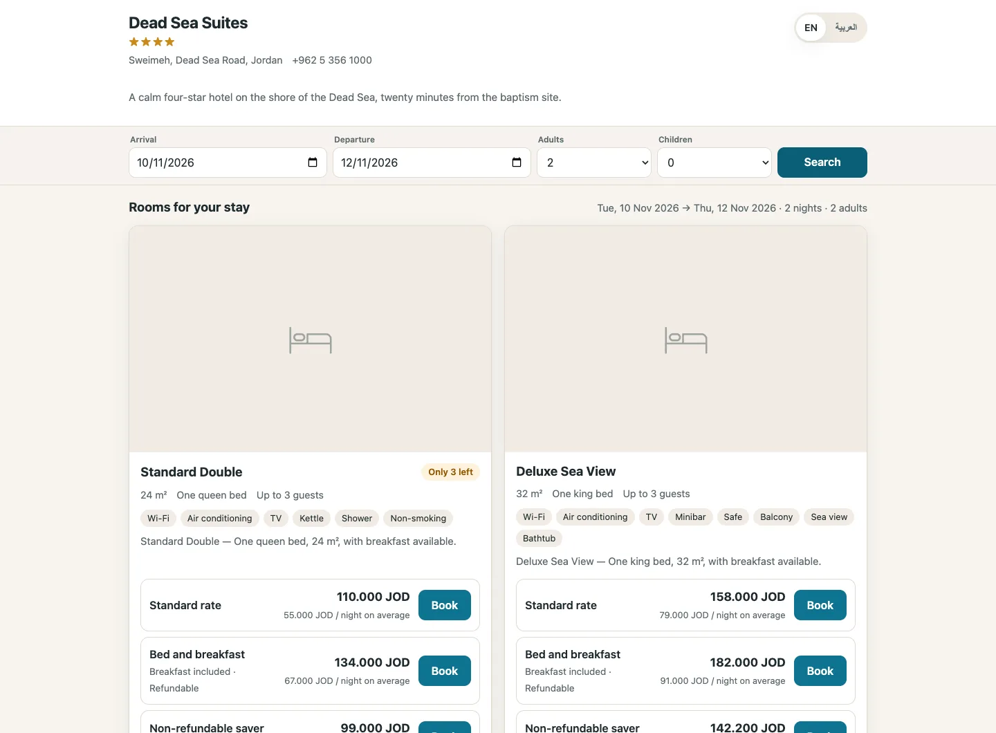 Zyntra Hotel, the hotel's own booking website: the rooms for a stay with every rate plan priced