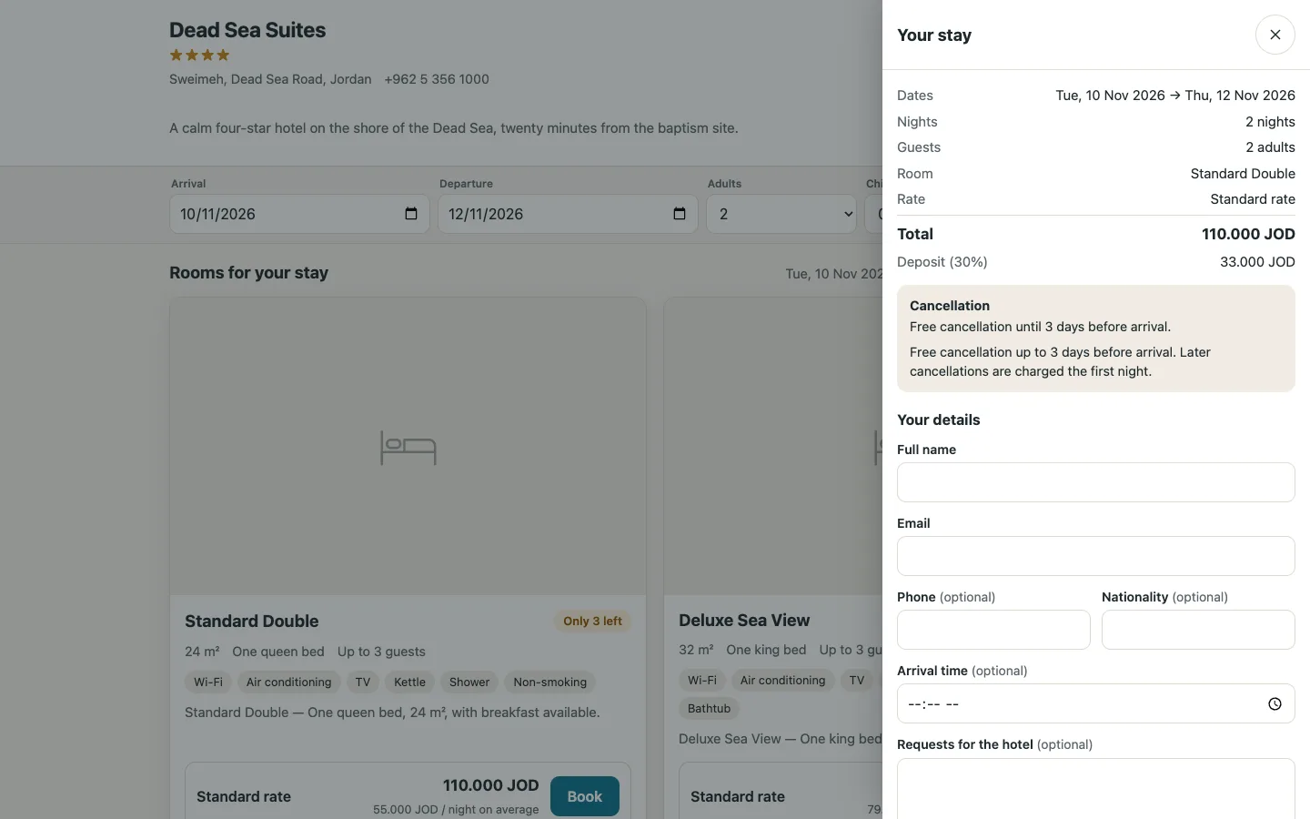 Zyntra Hotel, booking a stay on the hotel's website: the total, the deposit, the cancellation rule and the guest's details