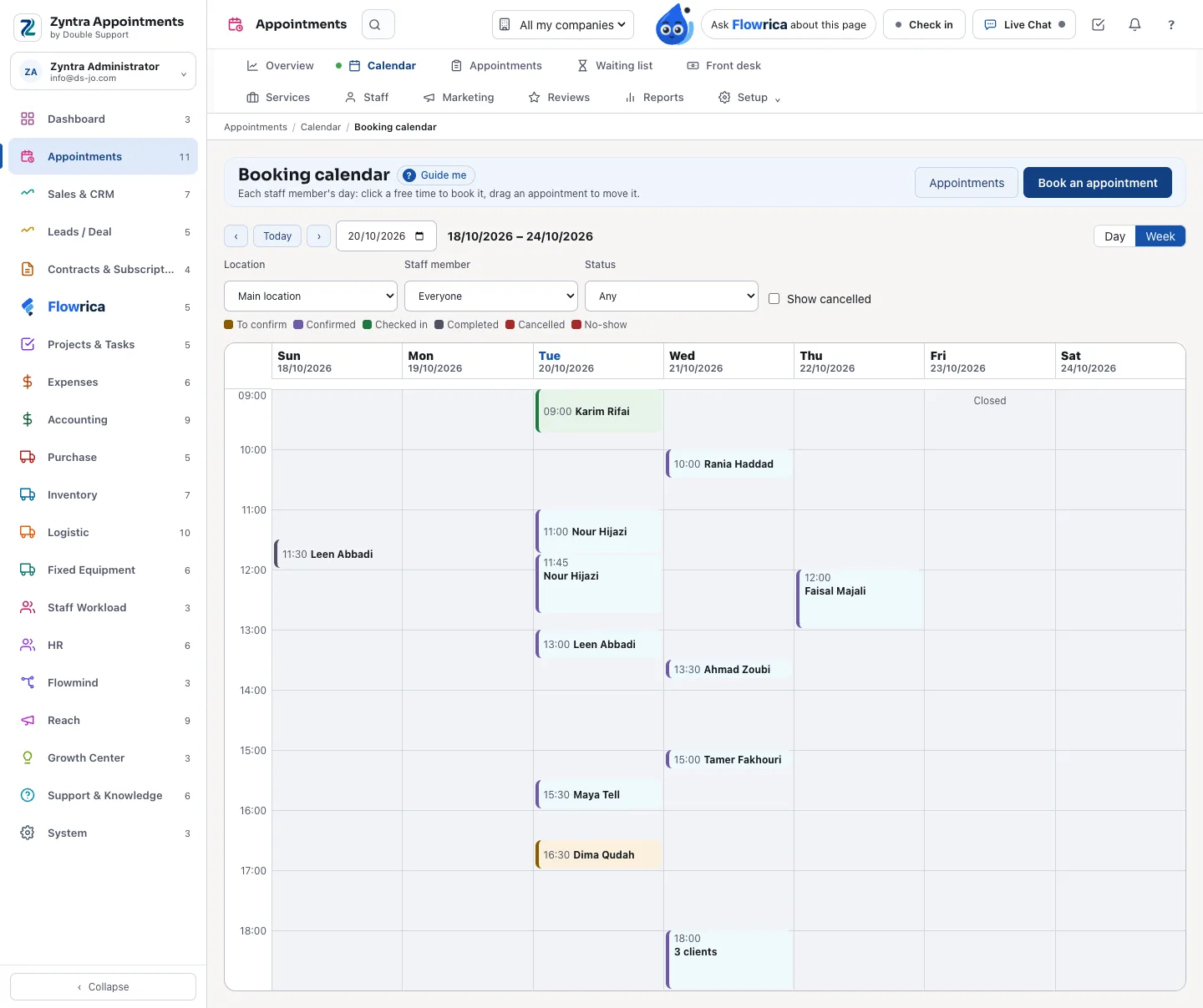Zyntra Appointments, the booking calendar for a week, each appointment coloured by its status