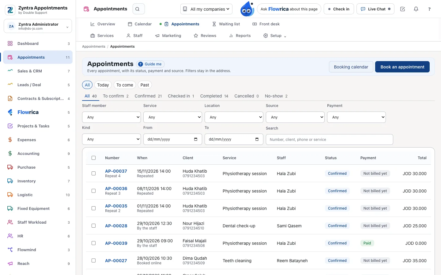 Zyntra Appointments, the appointments list: status tabs, the filters, and each appointment with its client, service, staff, status and payment