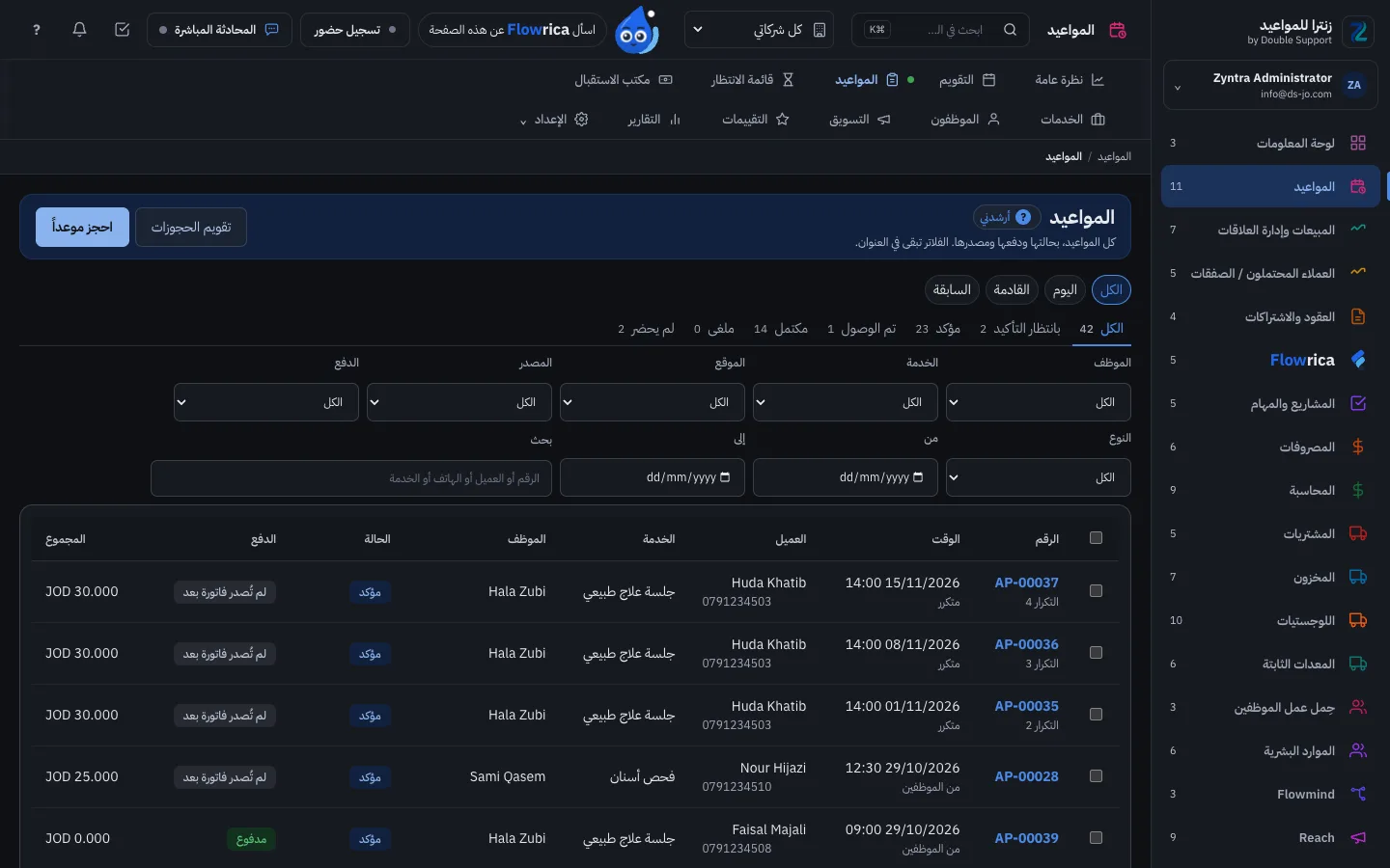Zyntra Appointments، قائمة المواعيد: تبويبات الحالات والمرشّحات وكل موعد بعميله وخدمته وموظفه وحالته ودفعه