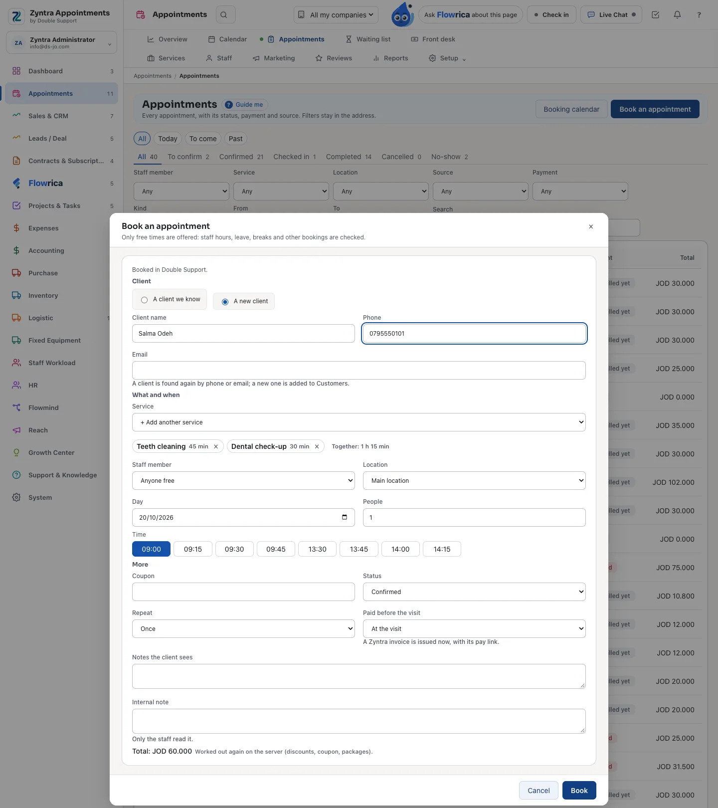 Zyntra Appointments, booking an appointment: the client, two services together, the free times, the repeat and what is paid before the visit