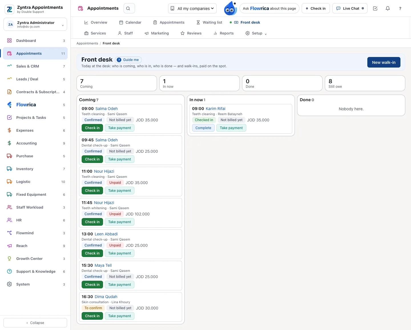 Zyntra Appointments, the front desk: coming, in now and done, each with check-in and payment