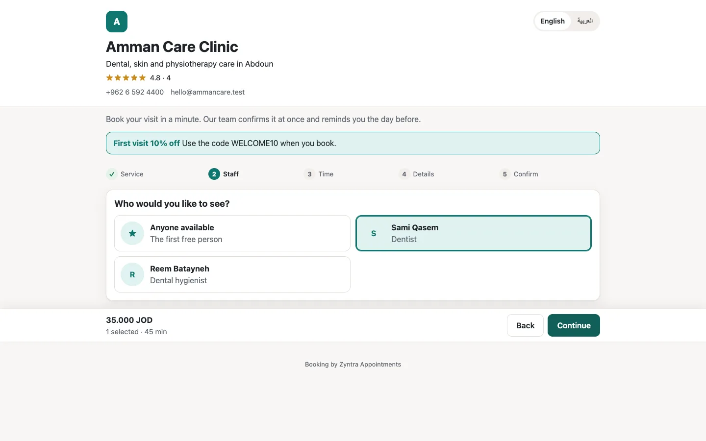 Zyntra Appointments, the clinic's booking page: choosing who to see
