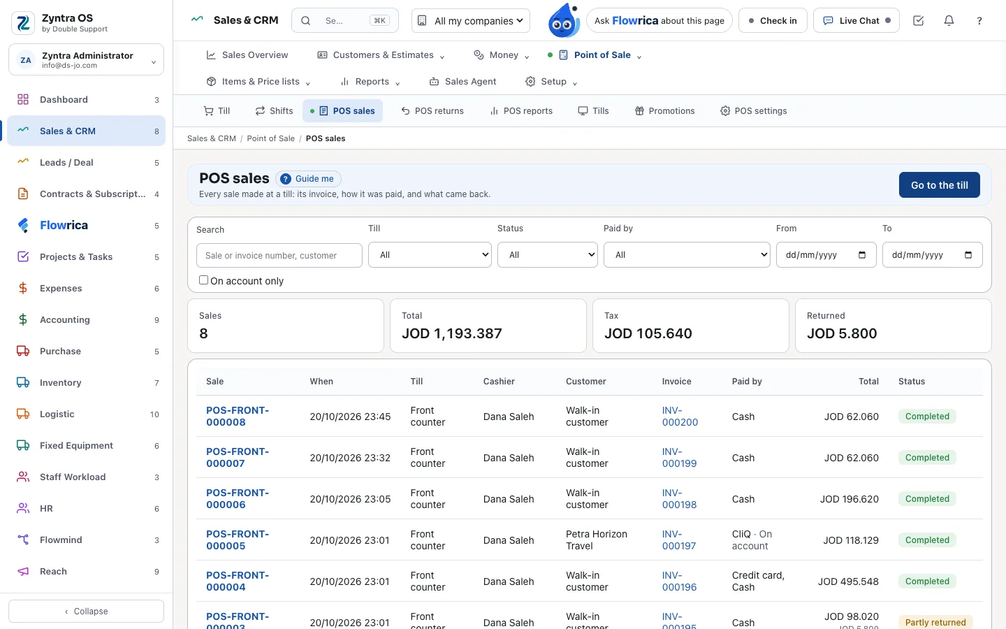 Zyntra OS Point of Sale, the sales list: totals, the filters, and each sale with its invoice and payment