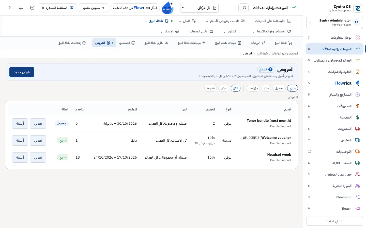 نقطة البيع في Zyntra OS، العروض: عرض مجدول وقسيمة سارية وعرض سارٍ